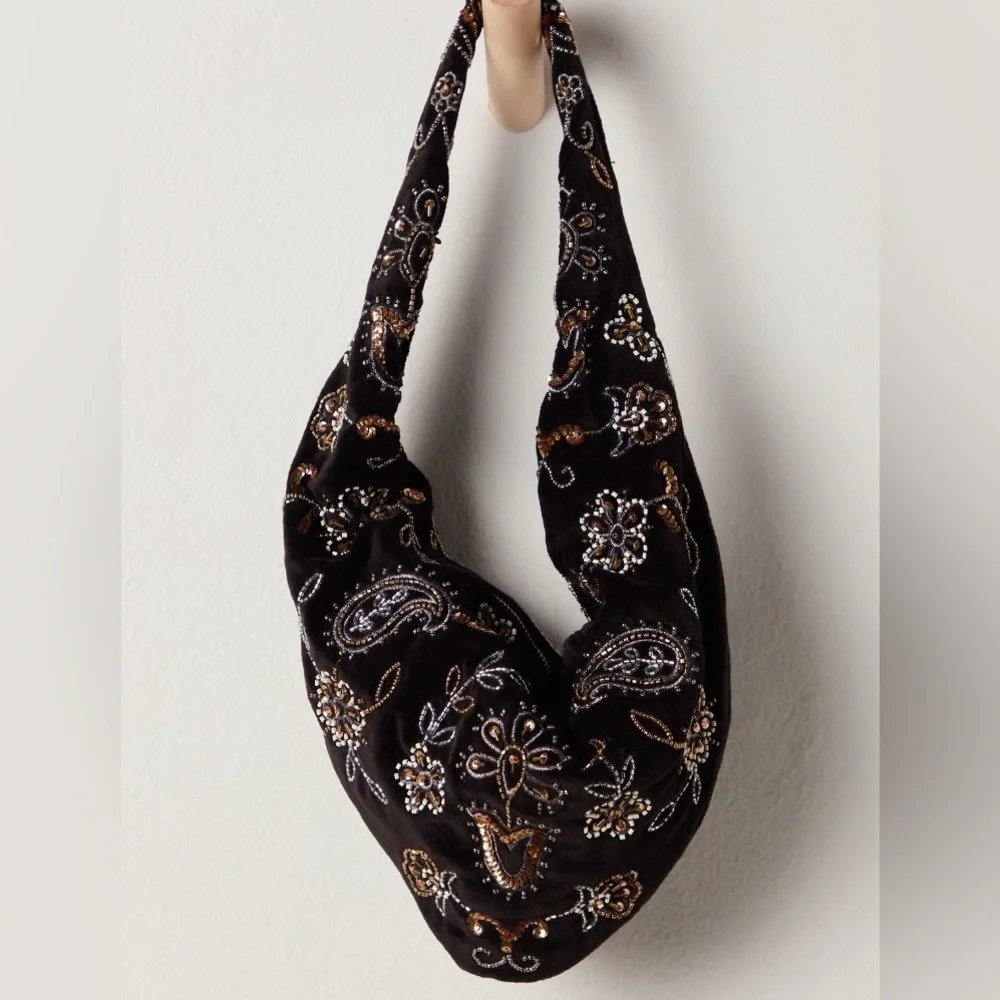Free People Velvet Bag with Embroidery in Black. Brand new!